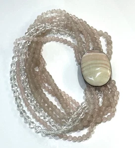 Celia Seberi Unsigned Pink & Clear 8 Strand Bead Necklace w Shell Oval Clasp - Picture 1 of 7