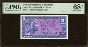 MPC 5 Cents Series 611 Military Payment Certificate PMG 68 BEAUTIFUL COLOR - Picture 1 of 2