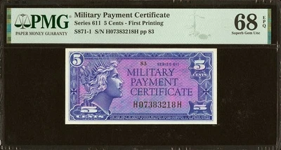 MPC 5 Cents Series 611 Military Payment Certificate PMG 68 BEAUTIFUL COLOR - Image 1 of 2
