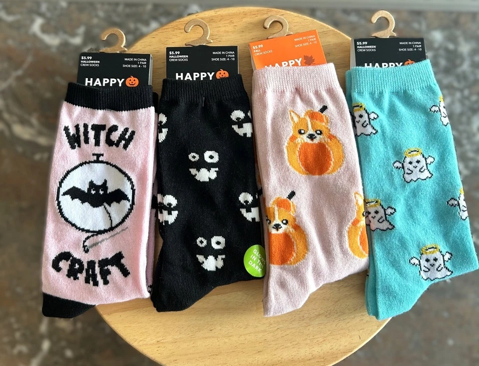 NOVO COM ETIQUETAS HAPPY SOCKS MEIAS FEMININAS TRIPULAÇÃO, 4 PARES, Abóbora Fantasma Anjo Bruxa Rosa Preto - Imagem 1 de 4
