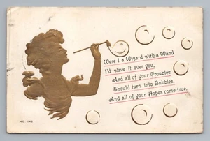 Embossed Gold Woman Blowing Bubbles Wizard Poem Art Nouveau Vintage Postcard - Picture 1 of 2