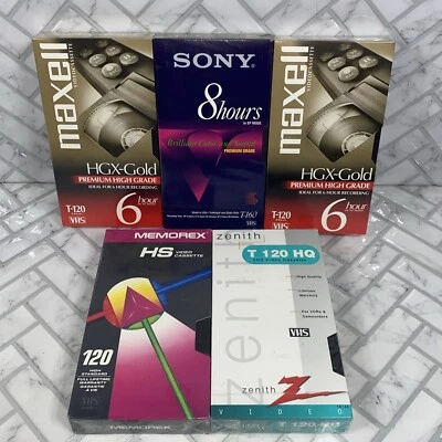 Lote de 5 cintas de video VCR en blanco VHS nuevas selladas Sony, Maxell, Memorex, Zenith Foto 1 de 4
