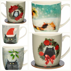 Kim Haskins Katze Porzellan Becher, schwarz weiß Ingwer Mistelkranz Schneemann Geschenk - Bild 1 von 56