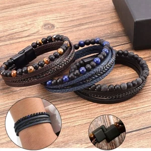 Men's Layered Braided Leather Beaded Bracelet Fashion Natural Tiger Eye Stone - Picture 1 of 15