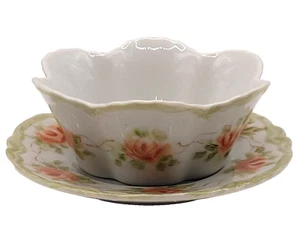 Coral Color Rose Pattern Hand Painted Vtg Porcelain Cup or Bowl w Saucer SIGNED - Picture 1 of 22