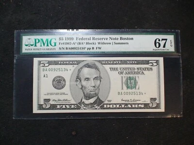 1999 BOSTON Five Dollar PMG SUPERB GEM UNC 67 EPQ Fed Reserve STAR NOTE $5 BILL! - Image 1 of 4