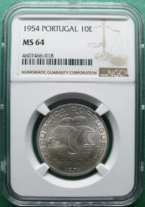 1954 PORTUGAL 10 ESCUDOS SILVER NGC MS 64 - Picture 1 of 2