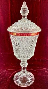 Indiana Diamond Point Urn Footed With Lid Ruby Band Glass Heavy Pressed O AS IS - Picture 1 of 24