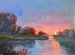 Sunrise Marsh original oil painting landscape Oregon valley impressionism art - Picture 1 of 7