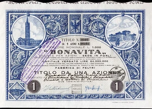 Certificato azionario Società Bonavita (Forlì), titolo da 1 azione - 1952 - Imagen 1 de 3