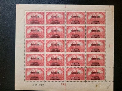 Allenstein #10, 1920 1 m rosa carmín MNH hoja de 20, catálogo Scott $ 80,00 Foto 1 de 4