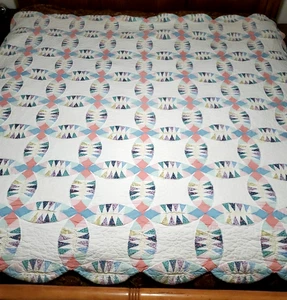 Vintage Bogen Quilt Doppel Ehering Quilt Baumwolle 84x88" handgenäht - Bild 1 von 8