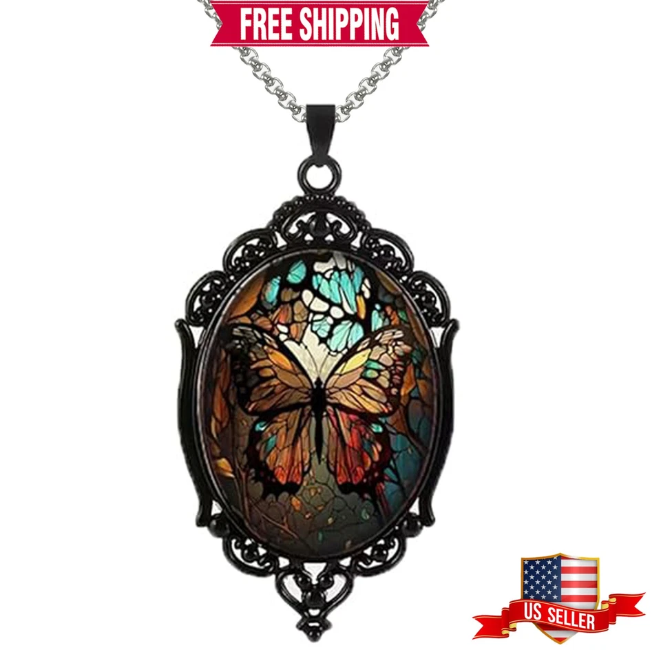 Intricate Black Holographic Butterfly Boho Pendant, Stainless Steel Necklace Foto 1 de 1