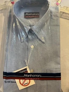 Manhattan Shirtmakers New Men'sBlue Dress Shirt Short Sleeve,ButtonDown, Size 15 - Picture 1 of 7