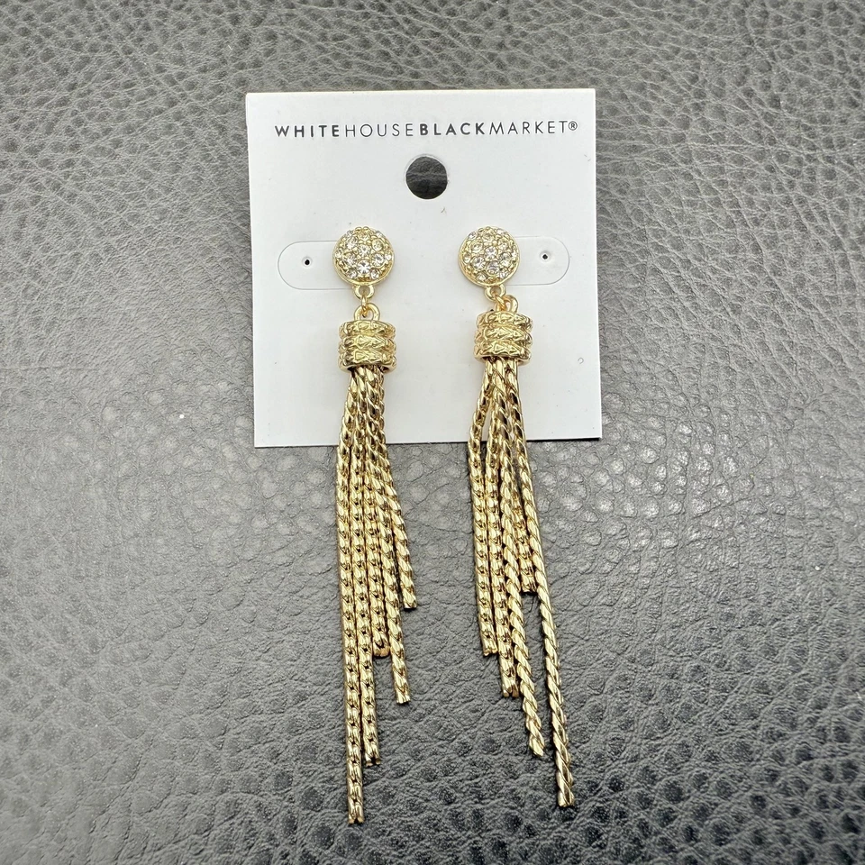 White House Black Market Gold Tone Tassel Drop Earrings Rhinestone Chain Fancy - Image 1 of 4