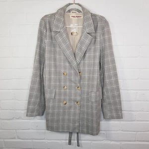 Free People Olivia Blazer Jacket Medium UK 12 Grey Check Plaid Tie Belt - Picture 1 of 15