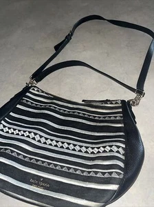 Kate Spade Embroidered Fabric Handbag Black White Shoulder Hobo Bag - Picture 1 of 7