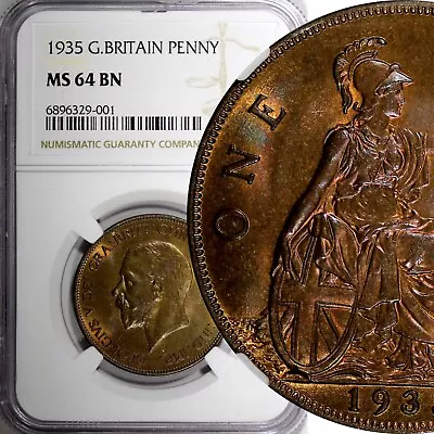 GREAT BRITAIN George V Bronze 1935 1 Penny NGC MS64 BN NICE TONING KM# 838 (01) - Image 1 of 4