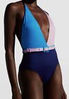 $195 Paolita Women&#39;s Blue Pink Rhodon Kito Belted One-Piece Swimsuit Size M