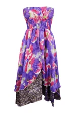 Purple Printed Boho Two Layer Skirt, Recycled Ruched Sari Dress S/M