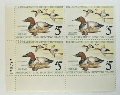 US HUNTING PERMIT STAMP SCOTT #RW42 $5 BLOCK OF 4 MNH OG, 1975 - Image 1 of 2