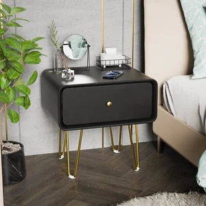 Mesita de noche negra de madera maciza de un solo cajón fácil de instalar y cómoda - Imagen 1 de 10