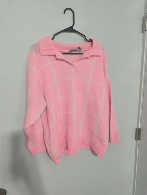 Suéter vintage Crab Grass rosa blanco cuello a cuadros para mujer talla grande  Foto 1 de 4