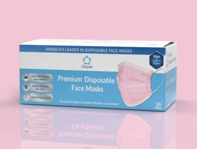 50pcs Litepak Premium Disposable Face Mask 3-Ply SOFT Comfort Earloops Pink - Image 1 of 4