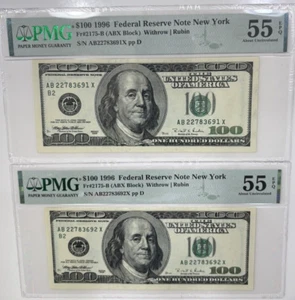 1996 $100 FEDERAL RESERVE NOTES NEW YORK FR.2175-B ABX BLOCK PMG UNC 55 EPQ - Picture 1 of 7