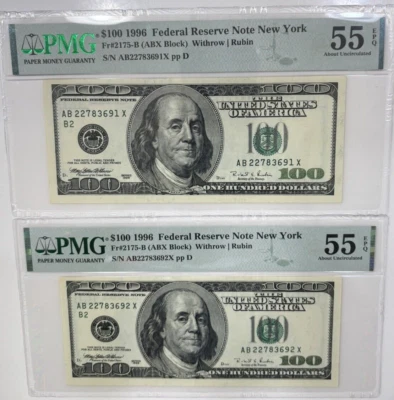 1996 $100 FEDERAL RESERVE NOTES NEW YORK FR.2175-B ABX BLOCK PMG UNC 55 EPQ - Image 1 of 4
