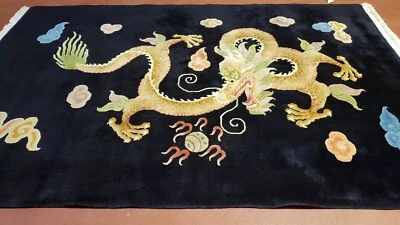 Antique Chinese Art Deco Rug 6x9 Dragon Black Chinese Carpet Hand Knotted Wool - Image 1 of 4