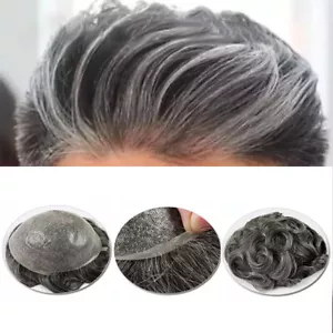 Mens Toupee Human Hair Replacement V-loop Thin Skin Grey System Wig for Men - Picture 1 of 9