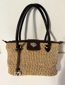 Brighton Women's Tan Woven Straw Leather Zipper Handbag Purse Magnet Closure - Picture 1 of 6