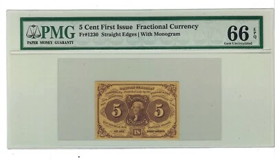 Fr 1230 $0.05 1862 fractional first issue PMG 66 EPQ Straight Edges w/ ABNCo - Image 1 of 2