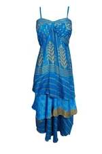 Vintage Recycled Saree Dress Boho Gypsy Chic Ruffled Spaghetti Strap Sundress