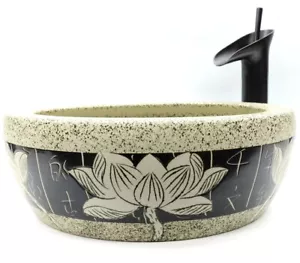 Fregadero lavabo de cerámica para baño chino grabado artesanal con patrón de loto - Imagen 1 de 19