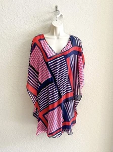 NWT EXPRESS Red Blue Striped Chiffon Sheer Lined Kaftan Dress Women’s Medium - Picture 1 of 11