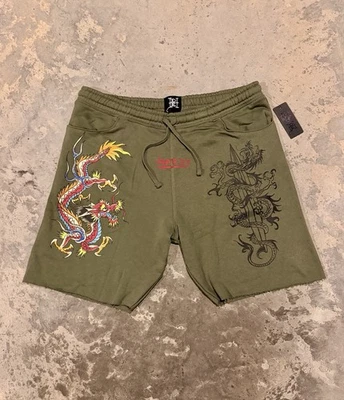 Ed Hardy Shorts Men's Medium Dragon Tattoo Fleece Sweat Shorts Olive Green NWT - Image 1 of 4