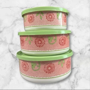 Emaille Stapelschalen 3er Set Vintage mit Deckel grün und rosa Cottagecore Floral - Bild 1 von 7