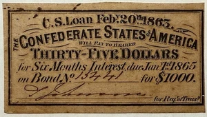 Confederate States - CSA - $35 Dollars Coupon - January 1st, 1865 - $1000 Bond! - Picture 1 of 2