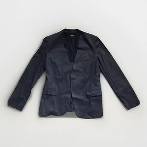 Theory Womens Blazer Jacket 10 Navy Blue Linen Open Front Cropped Long Sleeve - Picture 1 of 13