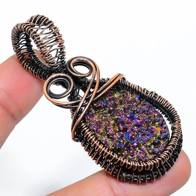 Titanium Druzy Gemstone Handmade Copper Wire Wrap Jewelry Pendant 2.56" - Image 1 of 4