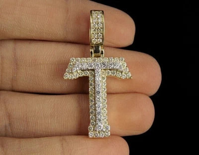 1.50 克拉真莫桑石 3D 初始“T”字母吊坠 14K 镀金 — 第 1/4 张图片