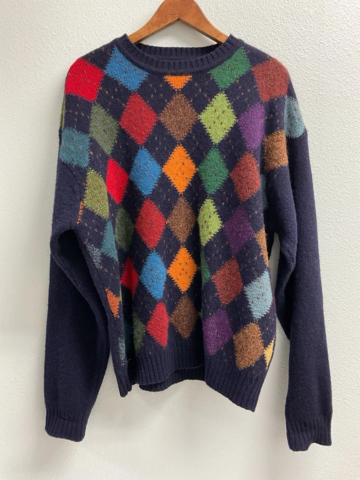 SUÉTER ARGYLE VINTAGE PARA HOMBRE/UNISEX M 100 % LANA AZUL MARINO COLORIDO CLUB ROOM HONG KONG Foto 1 de 4