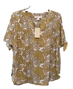 Michael Kors Womens Gold Floral Blouse Top Size L Short Sleeve Office Fall New - Picture 1 of 9