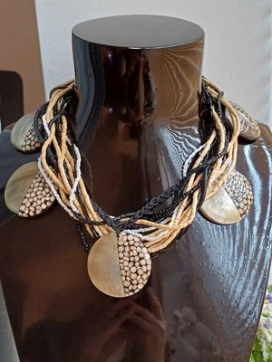 Statement Ethnic Layered Mother Of Pearl & Wooden Beaded Fringed Necklace - Image 1 of 4