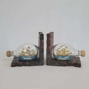 Vintage Ship in a Bottle Book Ends "The Golden Kind & Mayflower 1620" 6.5x6.25" - Picture 1 of 12