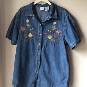 Vintage 90s Bobbie Brooks Embroidered Denim Fall Leaves Button Up Shirt Medium - Picture 1 of 8