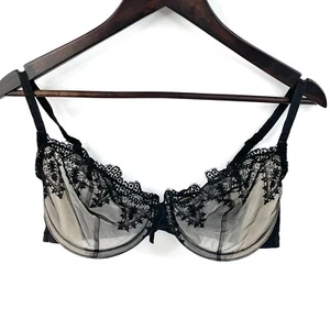 Fayreform Contour Bra Size 12E Black Sheer Mesh Embroidery Unpadded Satin Bow - Picture 1 of 10