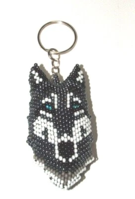 Llavero 3" Gris Lobo con Ojos Azules Cuentas Doble Cara Hecho a Mano Nuevo Foto 1 de 3